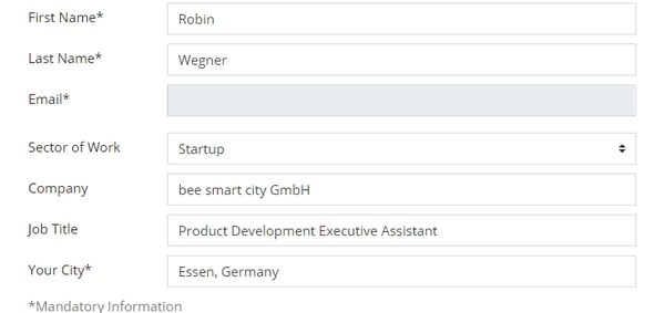 Edit View of the Profile Page with General Information Fields: First Name, Last Name, Email, Sector of Work, Company, Job Title and Your City Screenshot